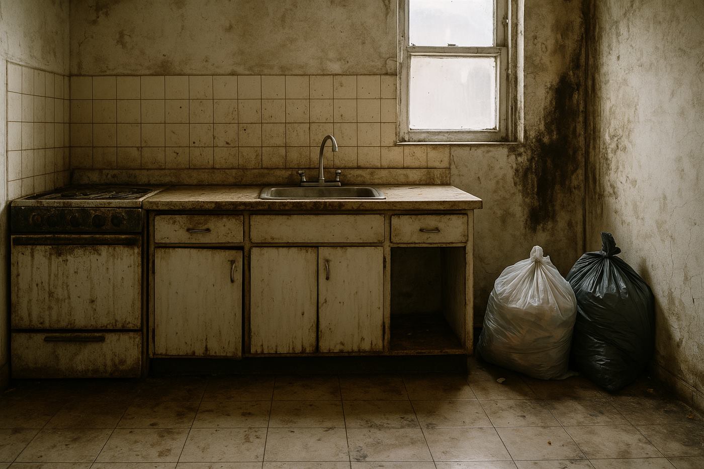 Cuisine encombrée et fortement dégradée avant intervention d'assainissement
